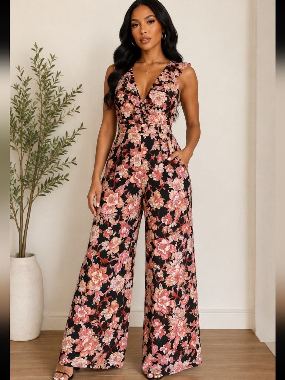 Like New! Floral Wide Leg Flowy Jumpsuit, Tie Open Back, Ruffle Front, Small